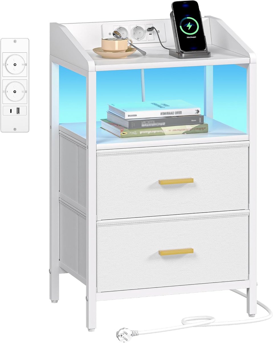 Hzuaneri Nachtkastjes met LED Verlichting, Eindtafel met 2 Stoffen Opbergladen, Bijzettafel met USB Poorten & Stopcontacten, Nachtkastjes met Open Planchet voor Slaapkamer, Wit