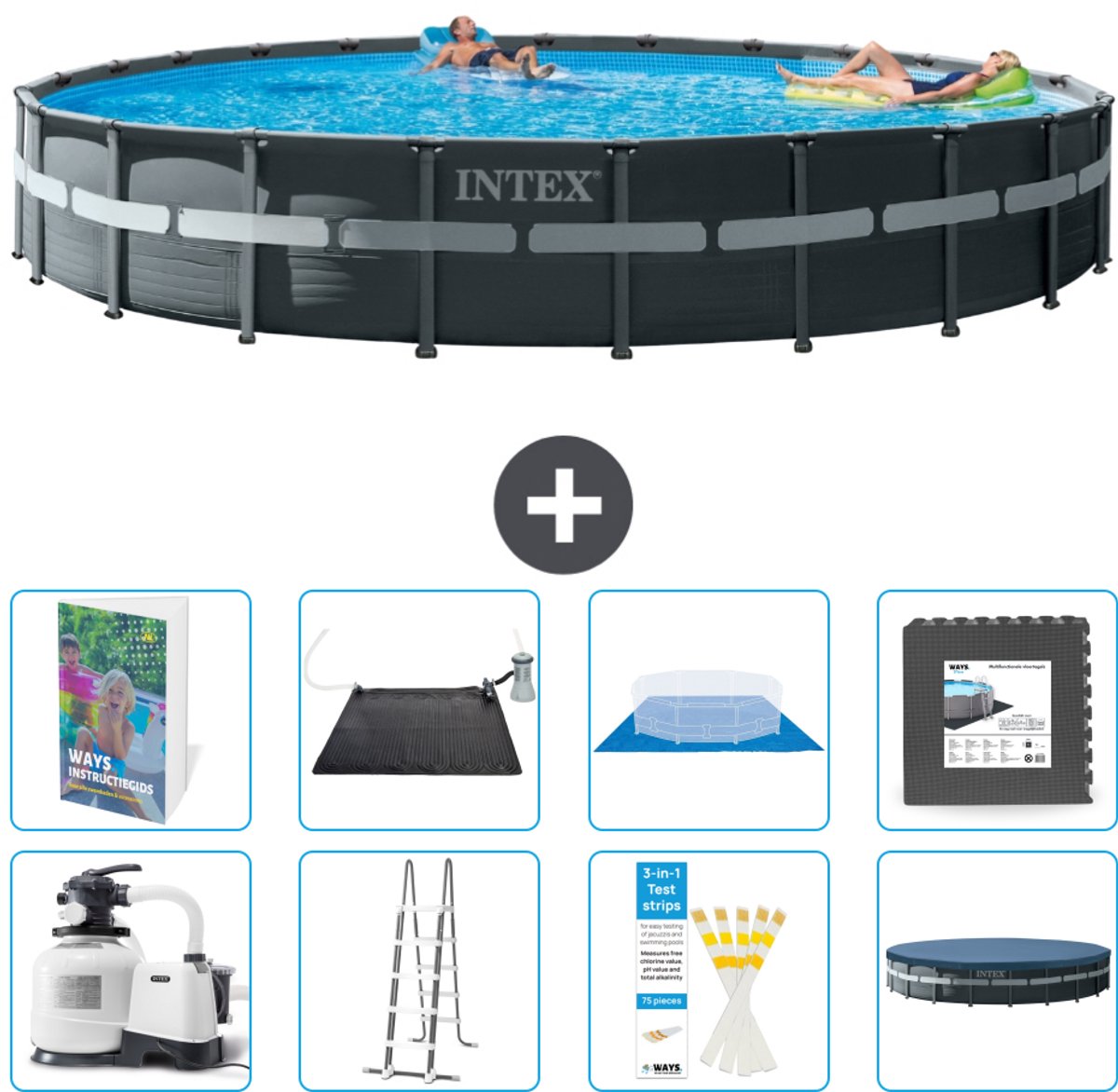 Intex Rond Ultra XTR Frame Zwembad - 732 x 132 cm - Inclusief Pomp - Ladder - Grondzeil - Afdekzeil - Solar Mat - Vloertegels - 9-delig
