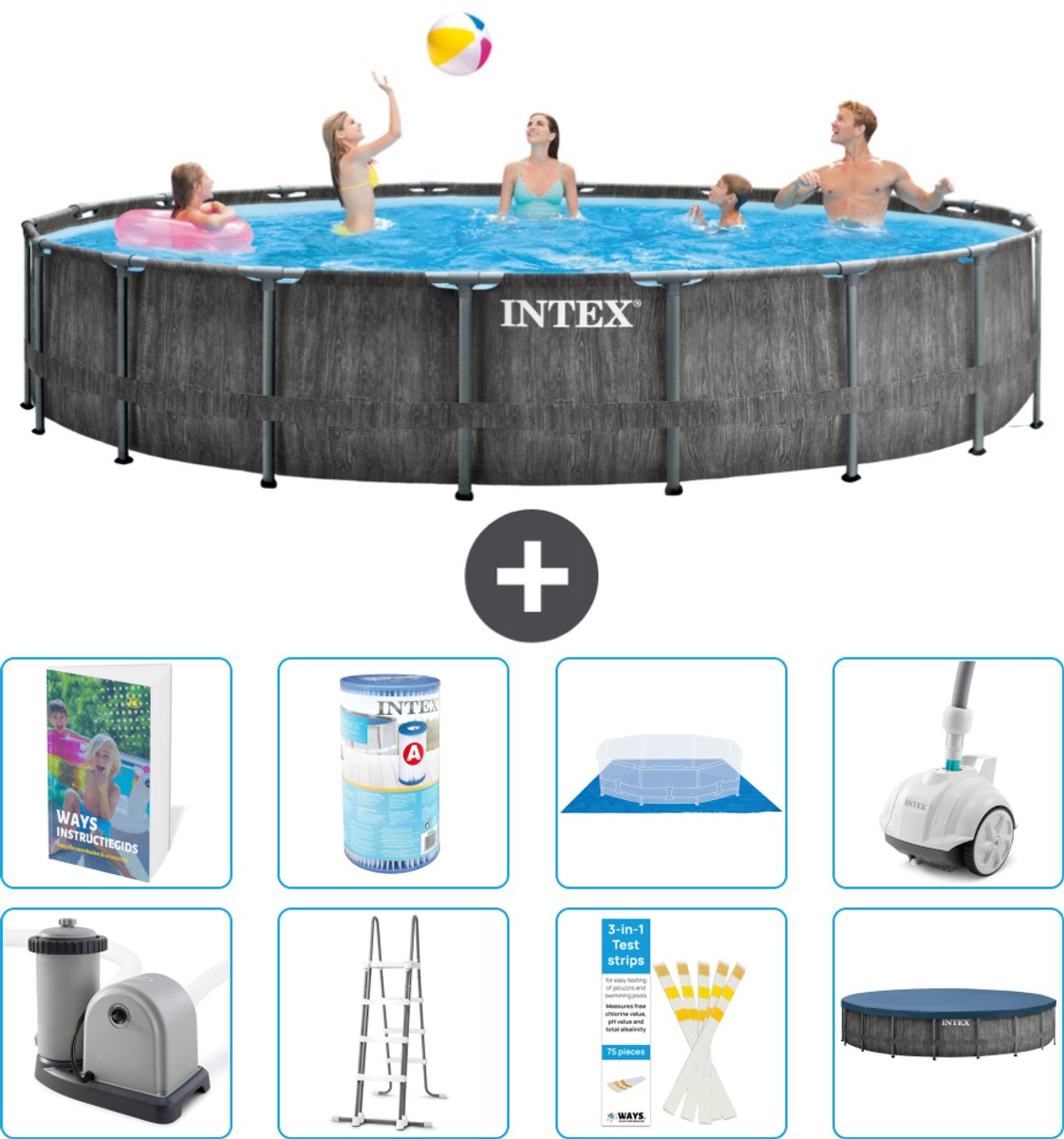 Intex Rond Prism Frame Greywood Zwembad - 549 x 122 cm - Inclusief Pomp - Ladder - Grondzeil - Afdekzeil - Filter - Stofzuiger - 9-delig
