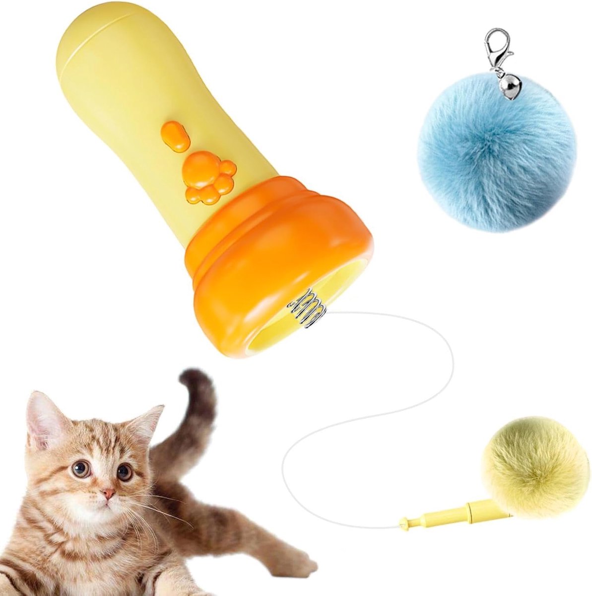 Automatisch Katten Speelgoed Afschieter - Interactief Jachtspeelgoed - Met Intrekbaar Touw en Bal voor Binnenkatten - Geel