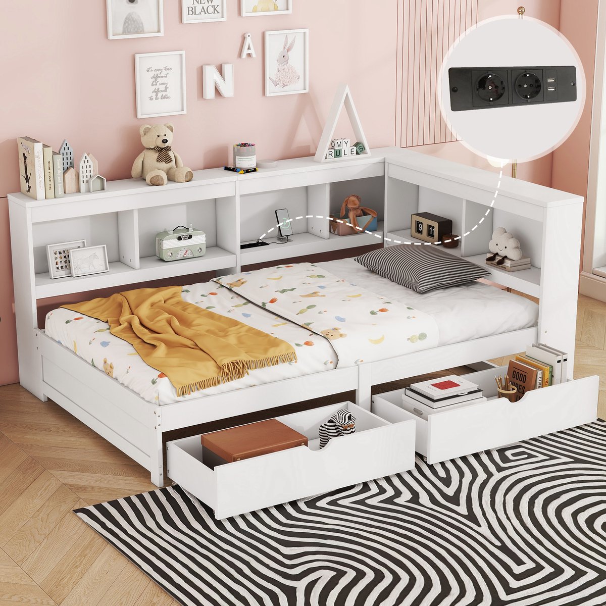 Dagbed 90x200 cm met opberglades en stopcontact - Wit - 2 schuifladen en USB-laadpoorten - Inclusief 15-delige lattenbodem - Compact design met zijvakken