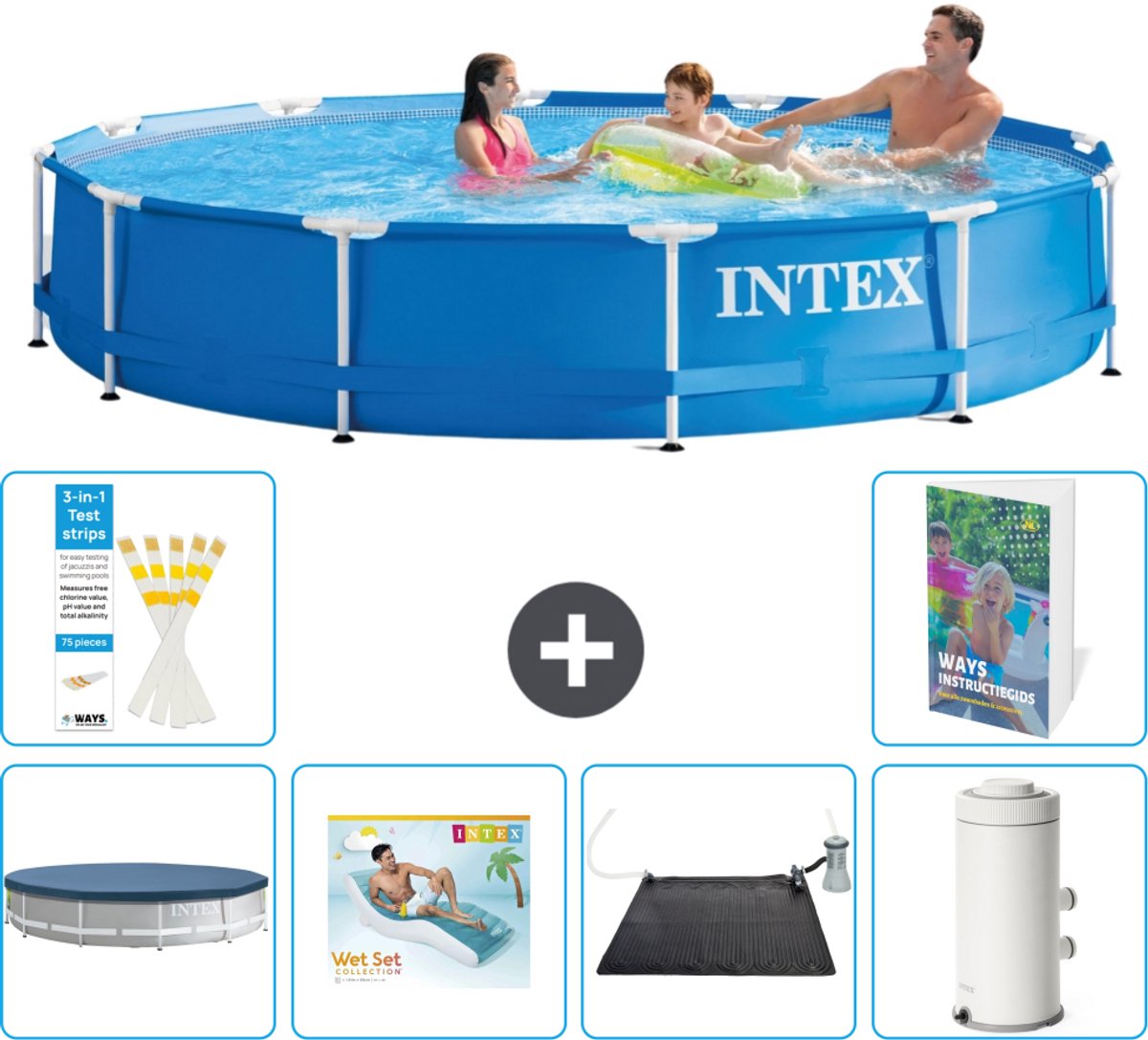 Intex Rond Frame Zwembad - 366 x 76 cm - Blauw - Inclusief Afdekzeil - Loungebed - Solar Mat - Zwembadfilterpomp - 7-delig