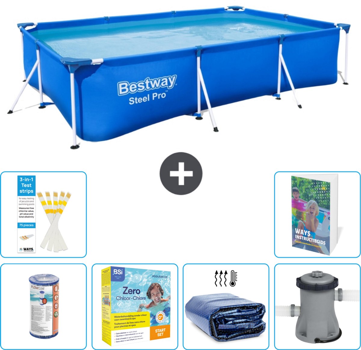 Bestway Rechthoekig Steel Pro Zwembad - 300 x 201 x 66 cm - Blauw - Inclusief Filter - Onderhoudspakket - Solarzeil - Zwembadfilterpomp - 7-delig