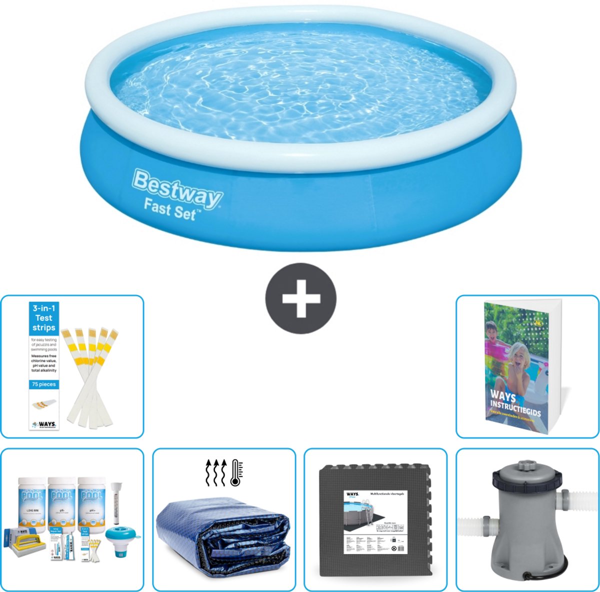 Bestway Rond Opblaasbaar Fast Set Zwembad - 366 x 76 cm - Blauw - Inclusief Onderhoudspakket - Solarzeil - Vloertegels - Zwembadfilterpomp - 7-delig