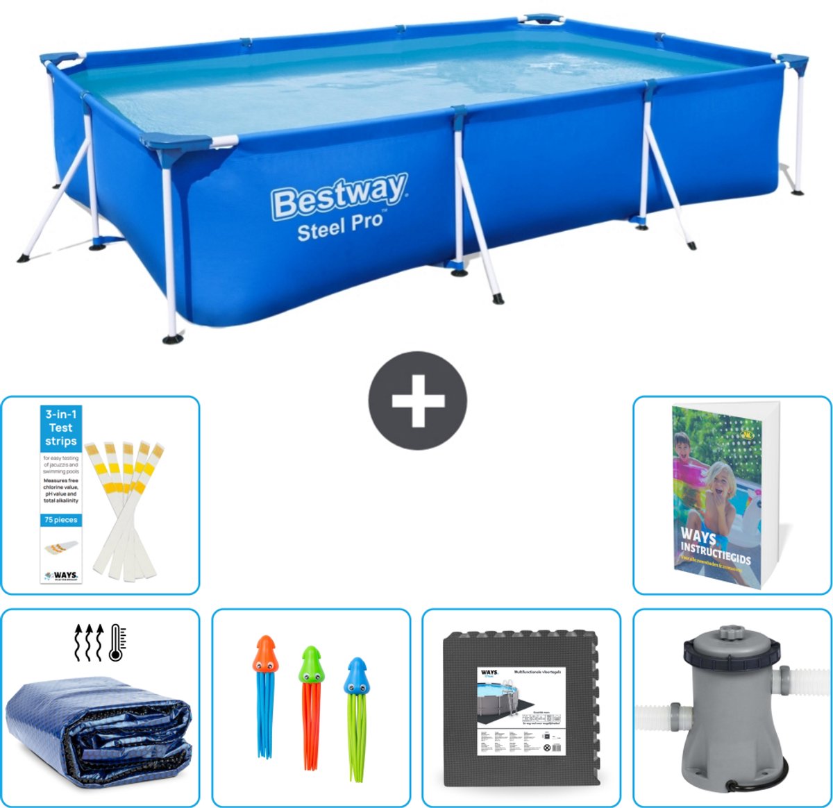Bestway Rechthoekig Steel Pro Zwembad - 300 x 201 x 66 cm - Blauw - Inclusief Solarzeil - Speelgoed - Vloertegels - Zwembadfilterpomp - 7-delig