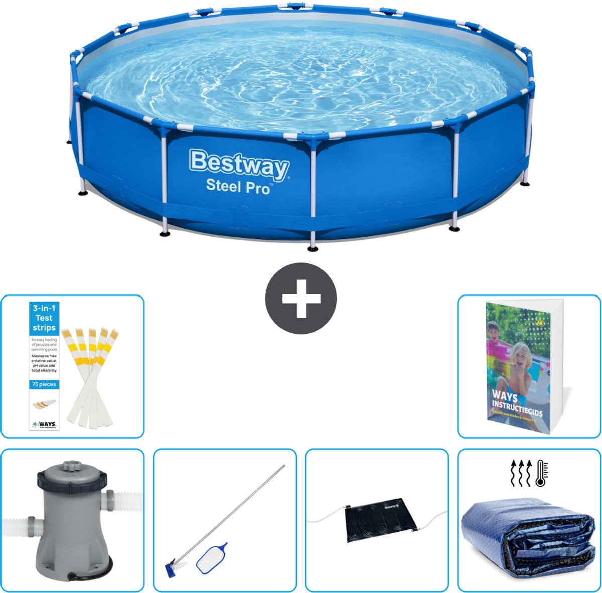 Bestway Rond Steel Pro Zwembad - 366 x 76 cm - Blauw - Inclusief Pomp - Schoonmaakset - Solar Mat - Solarzeil - 7-delig