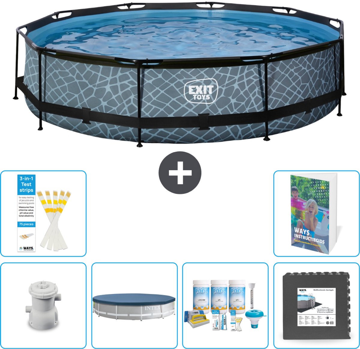 EXIT Rond Stone Frame Zwembad - 360 x 76 cm - Inclusief Pomp - Afdekzeil - Onderhoudspakket - Vloertegels - 7-delig