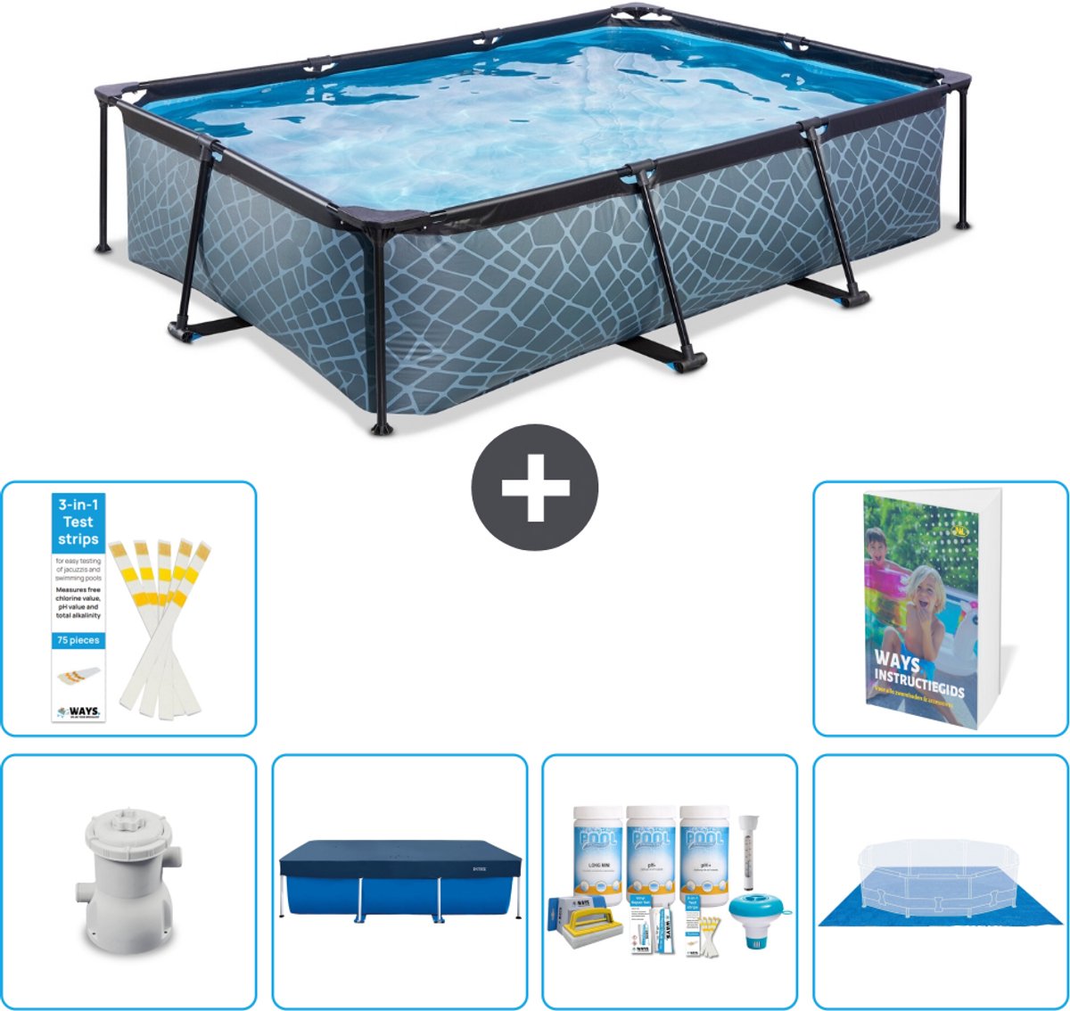 EXIT Rechthoekig Stone Frame Zwembad - 300 x 200 x 65 cm - Inclusief Pomp - Afdekzeil - Onderhoudspakket - Grondzeil - 7-delig