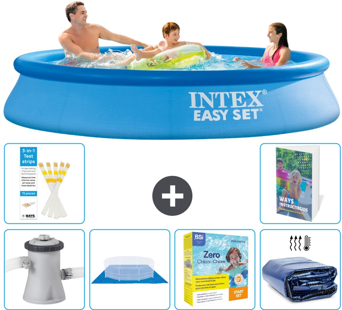 Intex Rond Opblaasbaar Easy Set Zwembad - 305 x 61 cm - Blauw - Inclusief Pomp - Grondzeil - Onderhoudspakket - Solarzeil - 7-delig