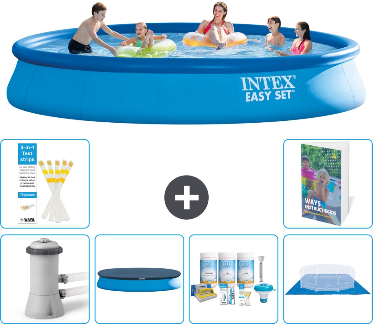 Intex Rond Opblaasbaar Easy Set Zwembad - 457 x 84 cm - Blauw - Inclusief Pomp - Afdekzeil - Onderhoudspakket - Grondzeil - 7-delig
