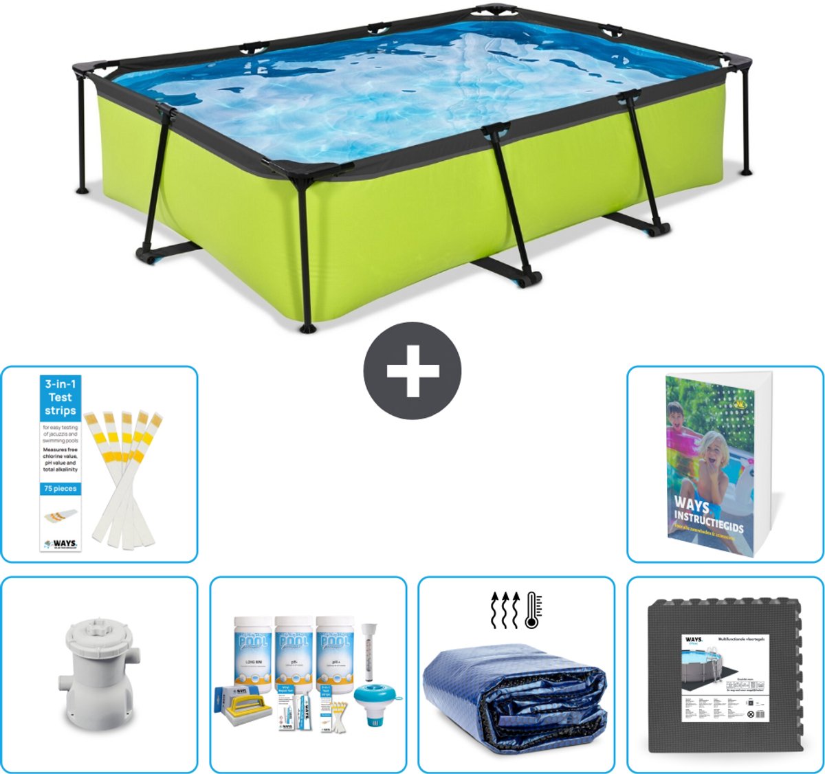 EXIT Rechthoekig Lime Frame Zwembad - 300 x 200 x 65 cm - Inclusief Pomp - Onderhoudspakket - Solarzeil - Vloertegels - 7-delig