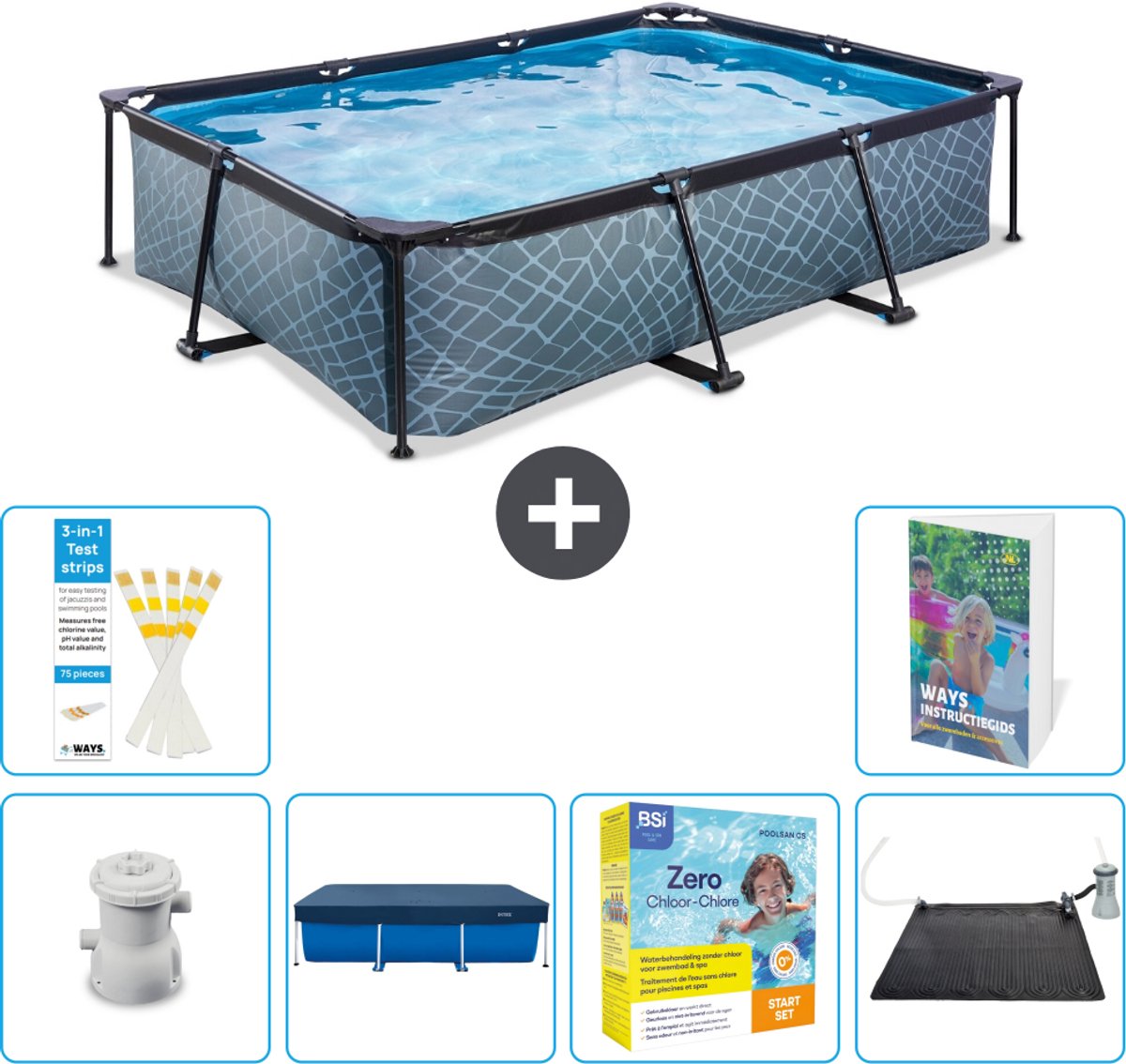 EXIT Rechthoekig Stone Frame Zwembad - 300 x 200 x 65 cm - Inclusief Pomp - Afdekzeil - Onderhoudspakket - Solar Mat - 7-delig