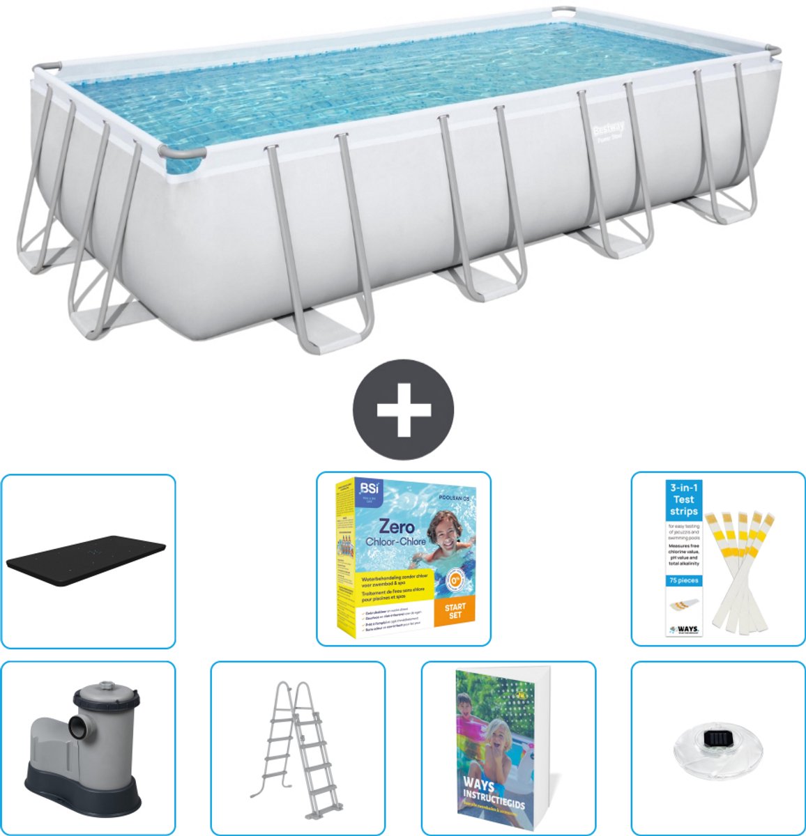 Bestway Rechthoekig Power Steel Zwembad - 549 x 274 x 122 - Grijs - Inclusief Pomp - Ladder - Afdekzeil - Onderhoudspakket - Verlichting - 8-delig
