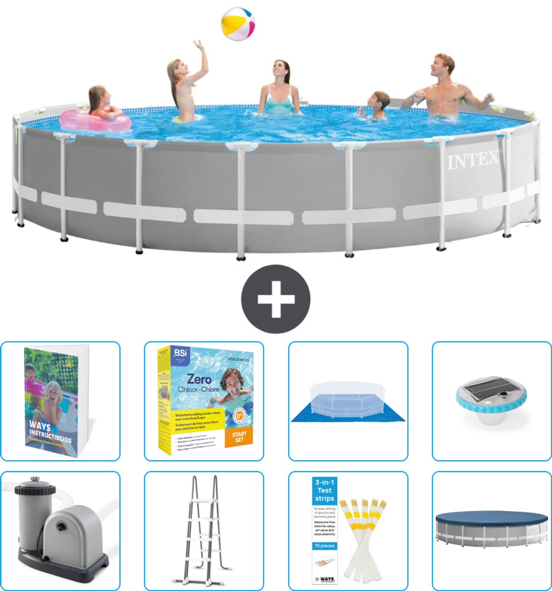 Intex Rond Prism Frame Zwembad - 548 x 122 cm - Grijs - Inclusief Pomp - Ladder - Grondzeil - Afdekzeil - Onderhoudspakket - Verlichting - 9-delig