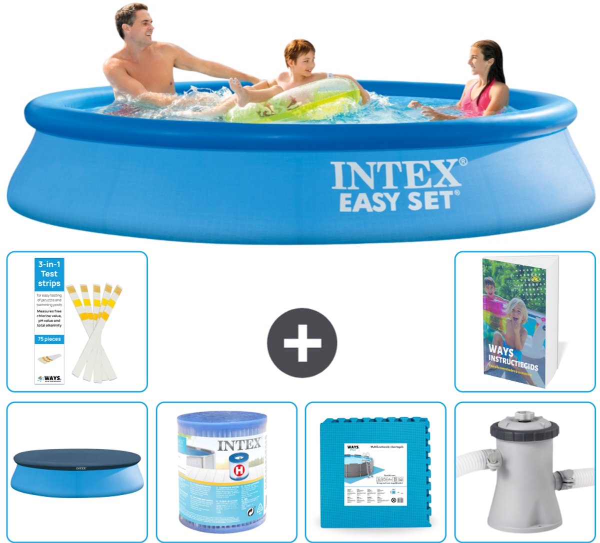 Intex Rond Opblaasbaar Easy Set Zwembad - 305 x 61 cm - Blauw - Inclusief Afdekzeil - Filter - Vloertegels - Zwembadfilterpomp - 7-delig