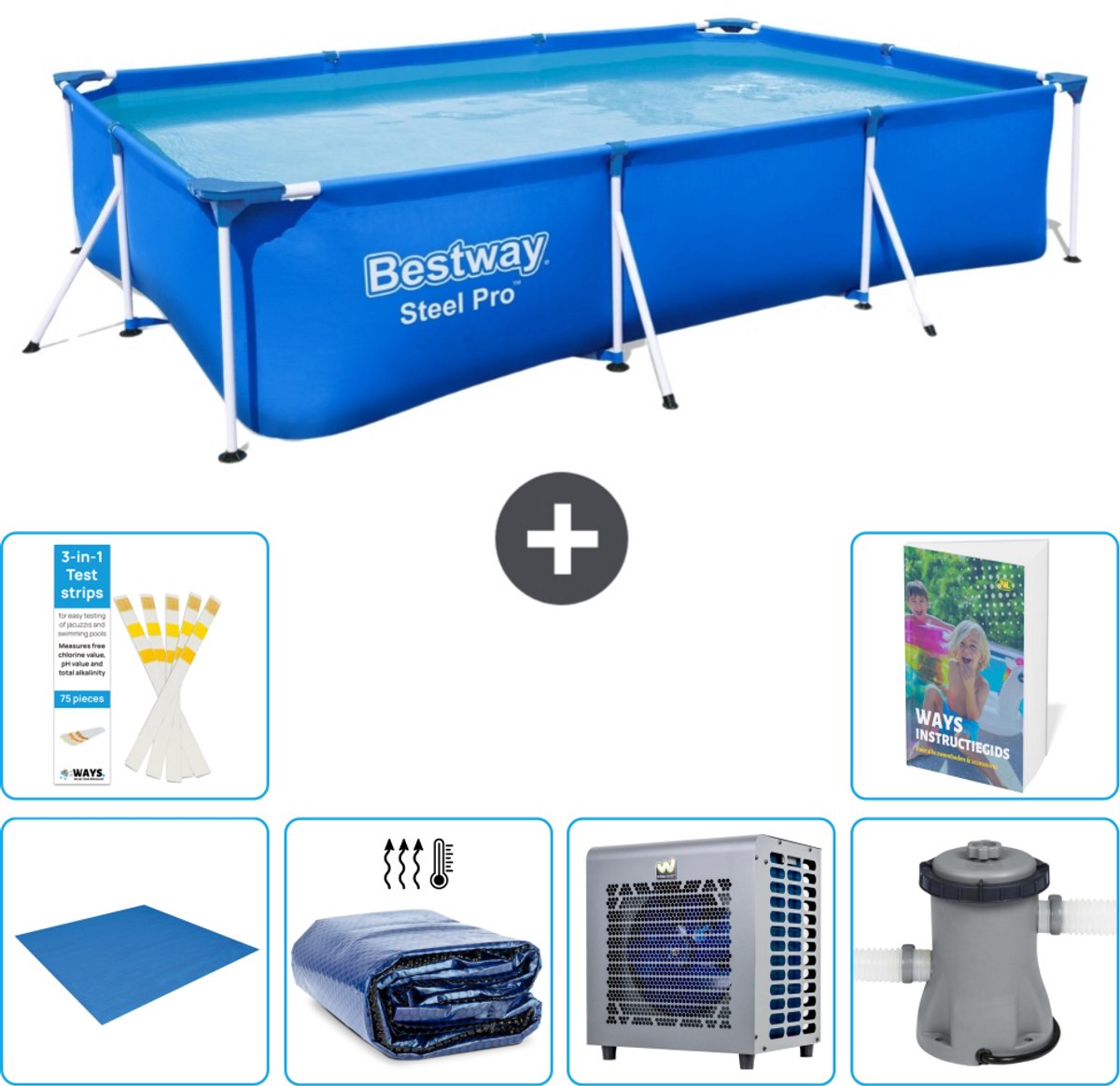 Bestway Rechthoekig Steel Pro Zwembad - 300 x 201 x 66 cm - Blauw - Inclusief Grondzeil - Solarzeil - Warmtepomp - Zwembadfilterpomp - 7-delig