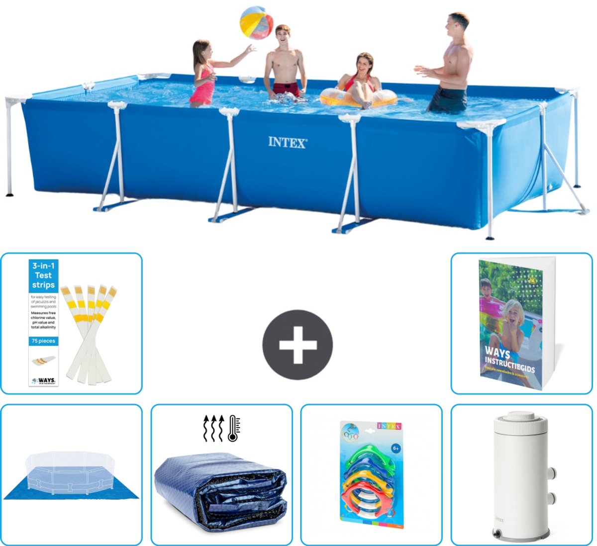 Intex Rechthoekig Frame Zwembad - 450 x 220 x 84 cm - Blauw - Inclusief Grondzeil - Solarzeil - Speelgoed - Zwembadfilterpomp - 7-delig