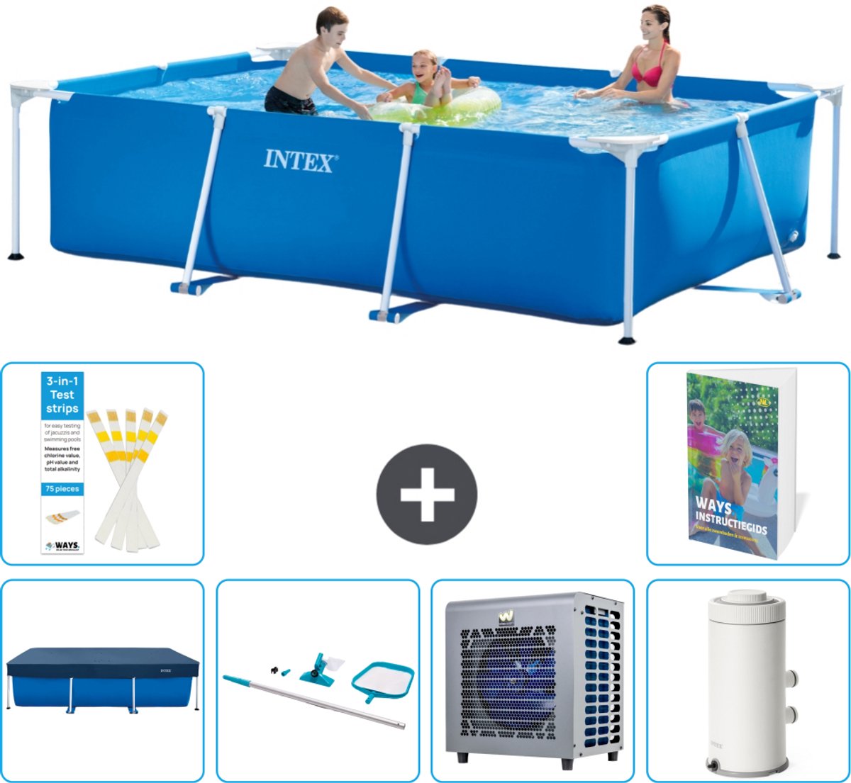 Intex Rechthoekig Frame Zwembad - 300 x 200 x 75 cm - Blauw - Inclusief Afdekzeil - Schoonmaakset - Warmtepomp - Zwembadfilterpomp - 7-delig