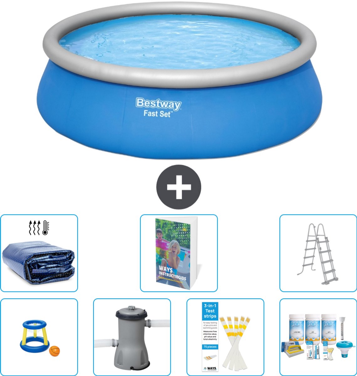 Bestway Rond Opblaasbaar Fast Set Zwembad - 457 x 122 cm - Blauw - Inclusief Pomp - Ladder - Onderhoudspakket - Solarzeil - Speelgoed - 8-delig