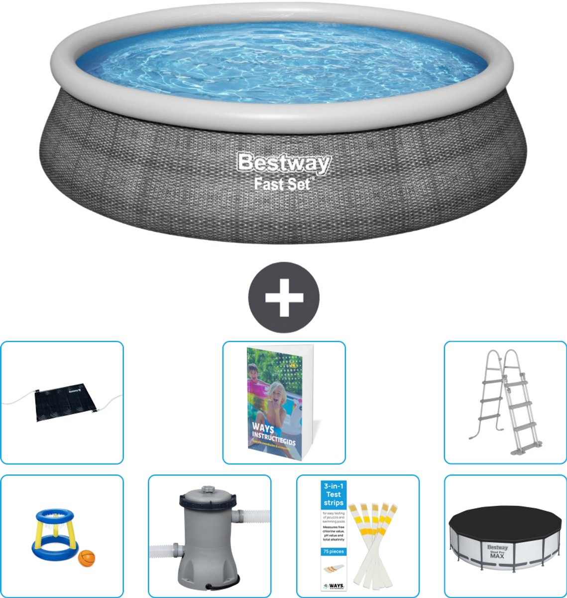 Bestway Rond Opblaasbaar Fast Set Zwembad - Rotanprint - 457 x 107 cm - Inclusief Pomp - Ladder - Afdekzeil - Solar Mat - Speelgoed - 8-delig