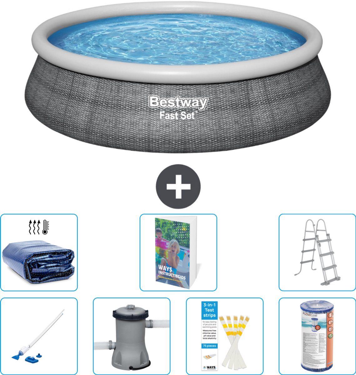 Bestway Rond Opblaasbaar Fast Set Zwembad - Rotanprint - 457 x 107 cm - Inclusief Pomp - Ladder - Filter - Solarzeil - Stofzuiger - 8-delig