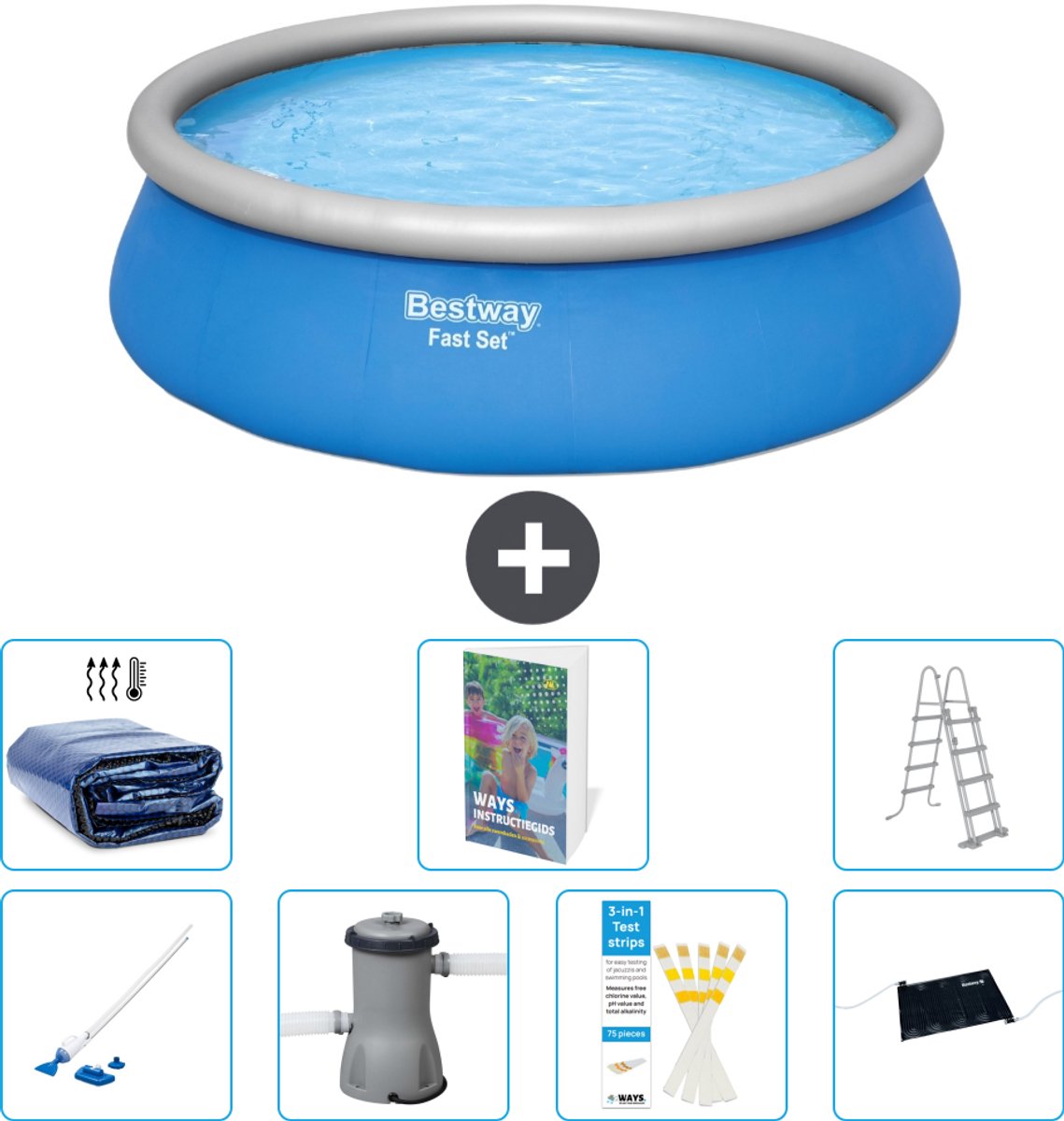 Bestway Rond Opblaasbaar Fast Set Zwembad - 457 x 122 cm - Blauw - Inclusief Pomp - Ladder - Solar Mat - Solarzeil - Stofzuiger - 8-delig