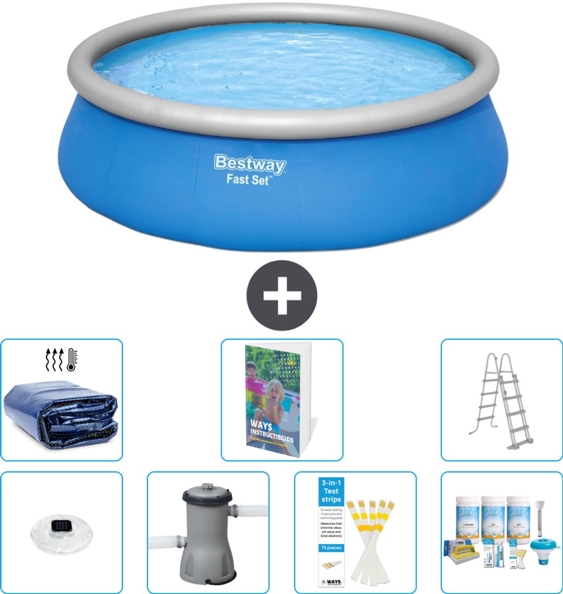 Bestway Rond Opblaasbaar Fast Set Zwembad - 457 x 122 cm - Blauw - Inclusief Pomp - Ladder - Onderhoudspakket - Solarzeil - Verlichting - 8-delig
