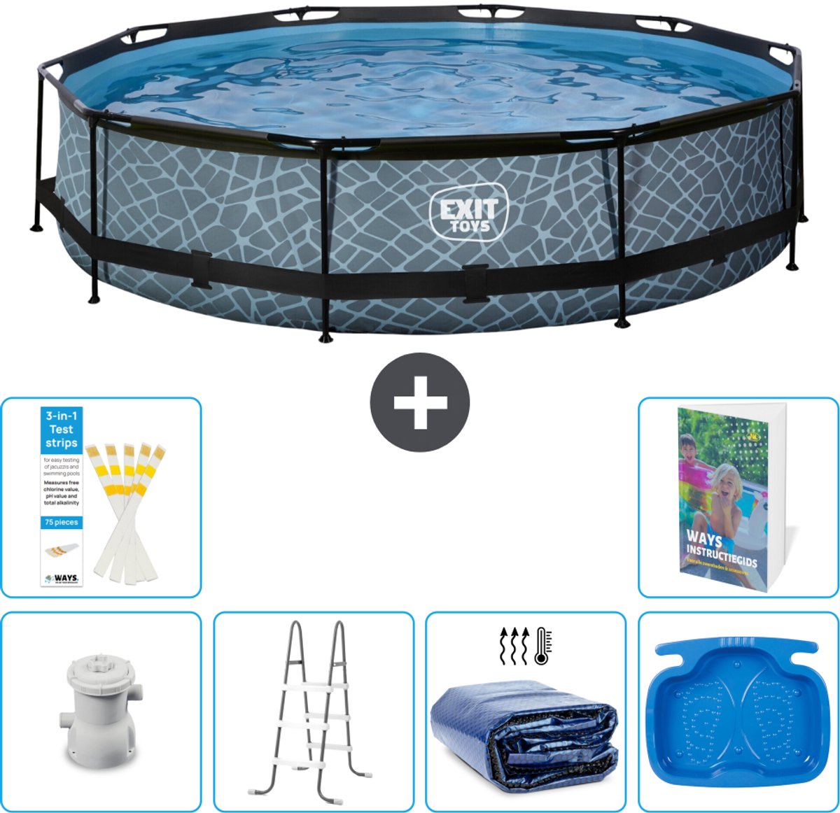 EXIT Rond Stone Frame Zwembad - 360 x 76 cm - Inclusief Pomp - Ladder - Solarzeil - Voetenbad - 7-delig