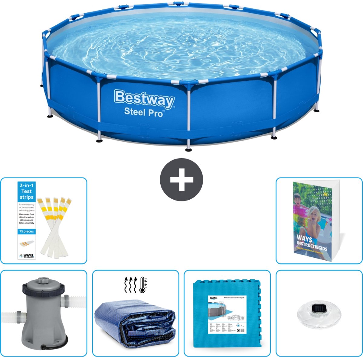 Bestway Rond Steel Pro Zwembad - 366 x 76 cm - Blauw - Inclusief Pomp - Solarzeil - Vloertegels - Verlichting - 7-delig
