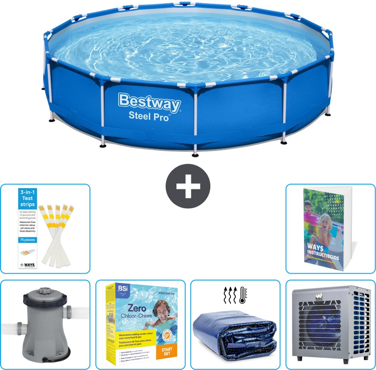 Bestway Rond Steel Pro Zwembad - 366 x 76 cm - Blauw - Inclusief Pomp - Onderhoudspakket - Solarzeil - Warmtepomp - 7-delig