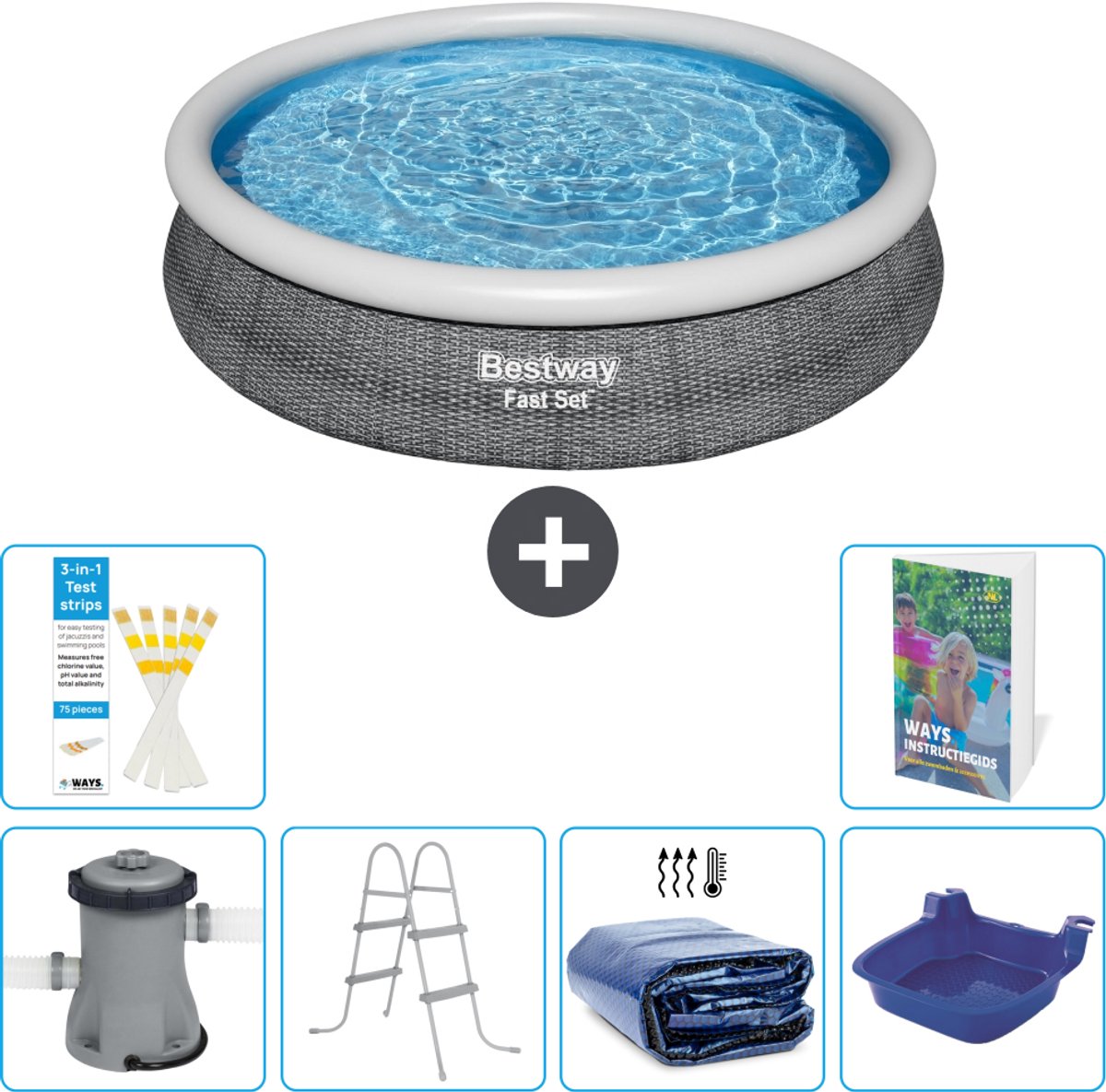 Bestway Rond Opblaasbaar Fast Set Zwembad - Rotanprint - 366 x 76 cm - Inclusief Pomp - Ladder - Solarzeil - Voetenbad - 7-delig
