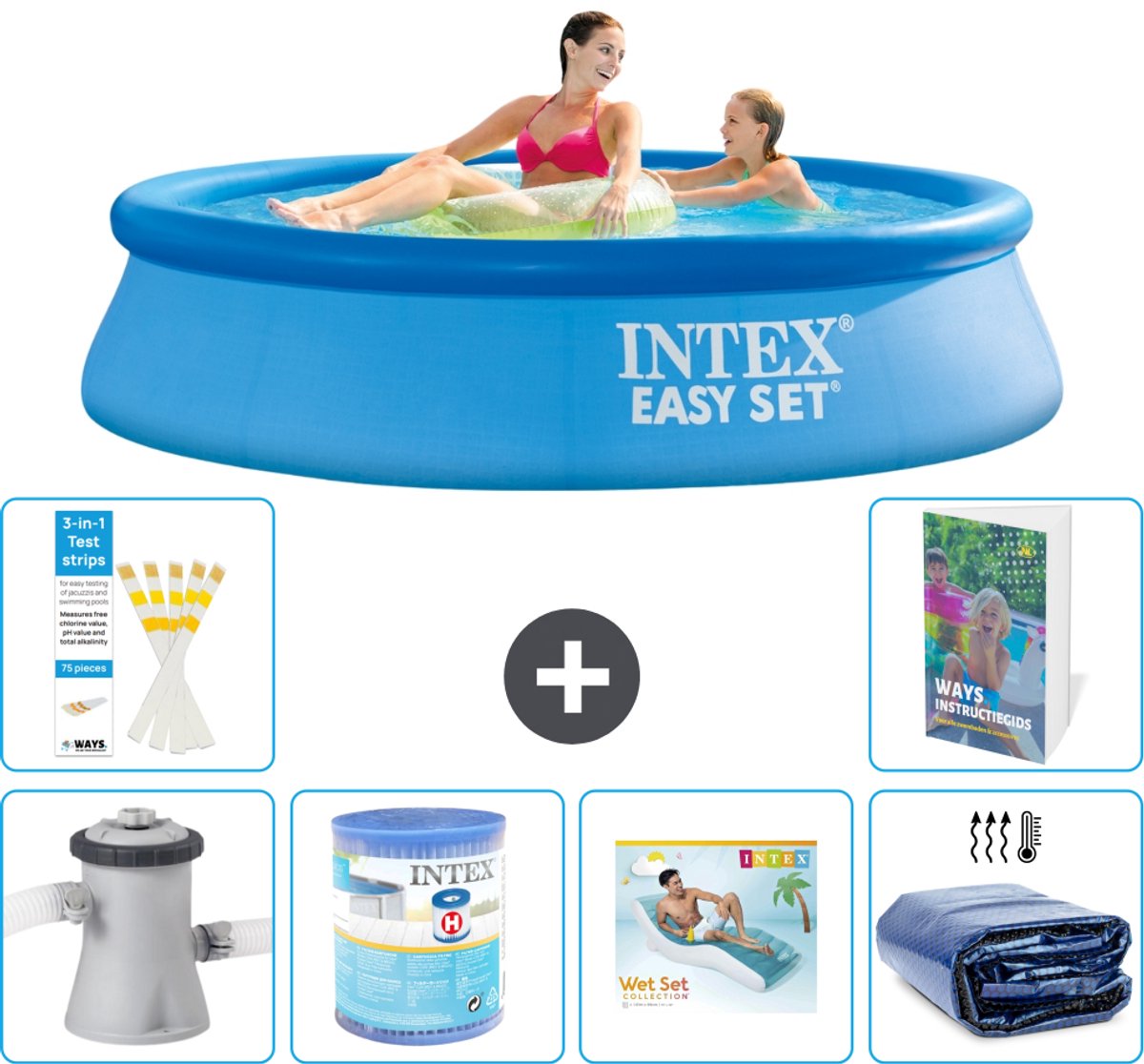 Intex Rond Opblaasbaar Easy Set Zwembad - 244 x 61 cm - Blauw - Inclusief Pomp - Filter - Loungebed - Solarzeil - 7-delig