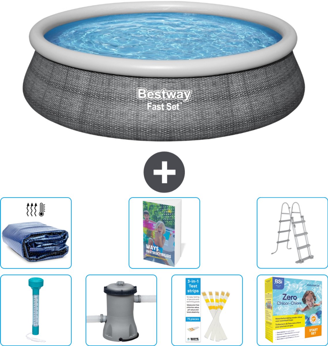 Bestway Rond Opblaasbaar Fast Set Zwembad - Rotanprint - 457 x 107 cm - Inclusief Pomp - Ladder - Onderhoudspakket - Solarzeil - Thermometer - 8-delig