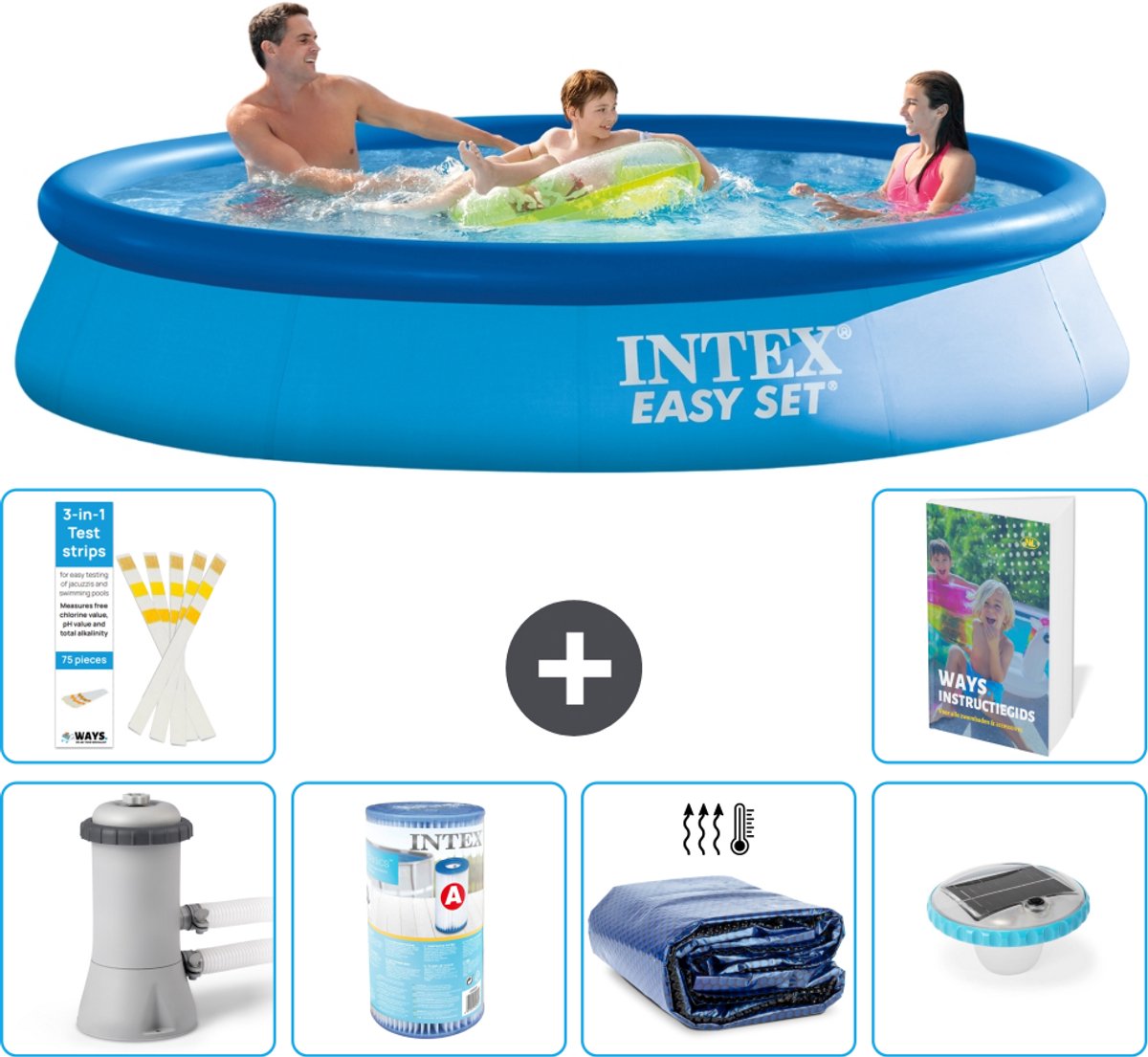 Intex Rond Opblaasbaar Easy Set Zwembad - 366 x 76 cm - Blauw - Inclusief Pomp - Filter - Solarzeil - Verlichting - 7-delig