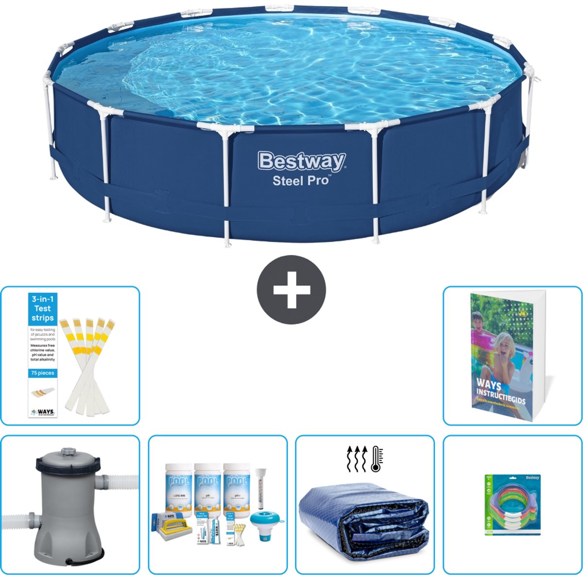 Bestway Rond Steel Pro Zwembad - 396 x 84 cm - Blauw - Inclusief Pomp - Onderhoudspakket - Solarzeil - Speelgoed - 7-delig