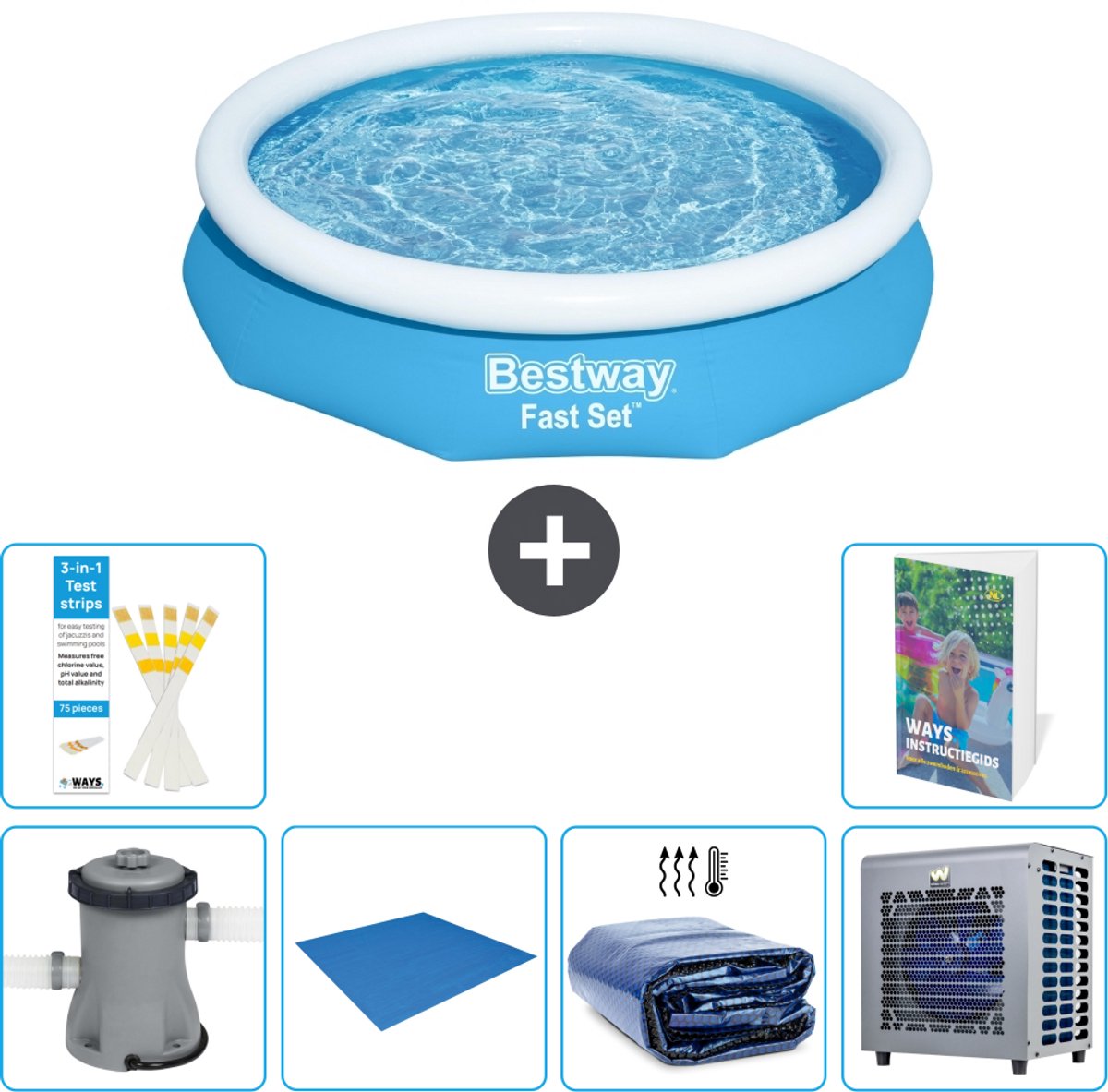 Bestway Rond Opblaasbaar Fast Set Zwembad - 305 x 66 cm - Blauw - Inclusief Pomp - Grondzeil - Solarzeil - Warmtepomp - 7-delig