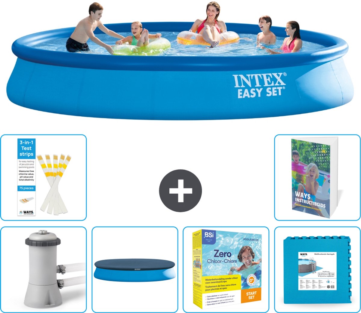 Intex Rond Opblaasbaar Easy Set Zwembad - 457 x 84 cm - Blauw - Inclusief Pomp - Afdekzeil - Onderhoudspakket - Vloertegels - 7-delig