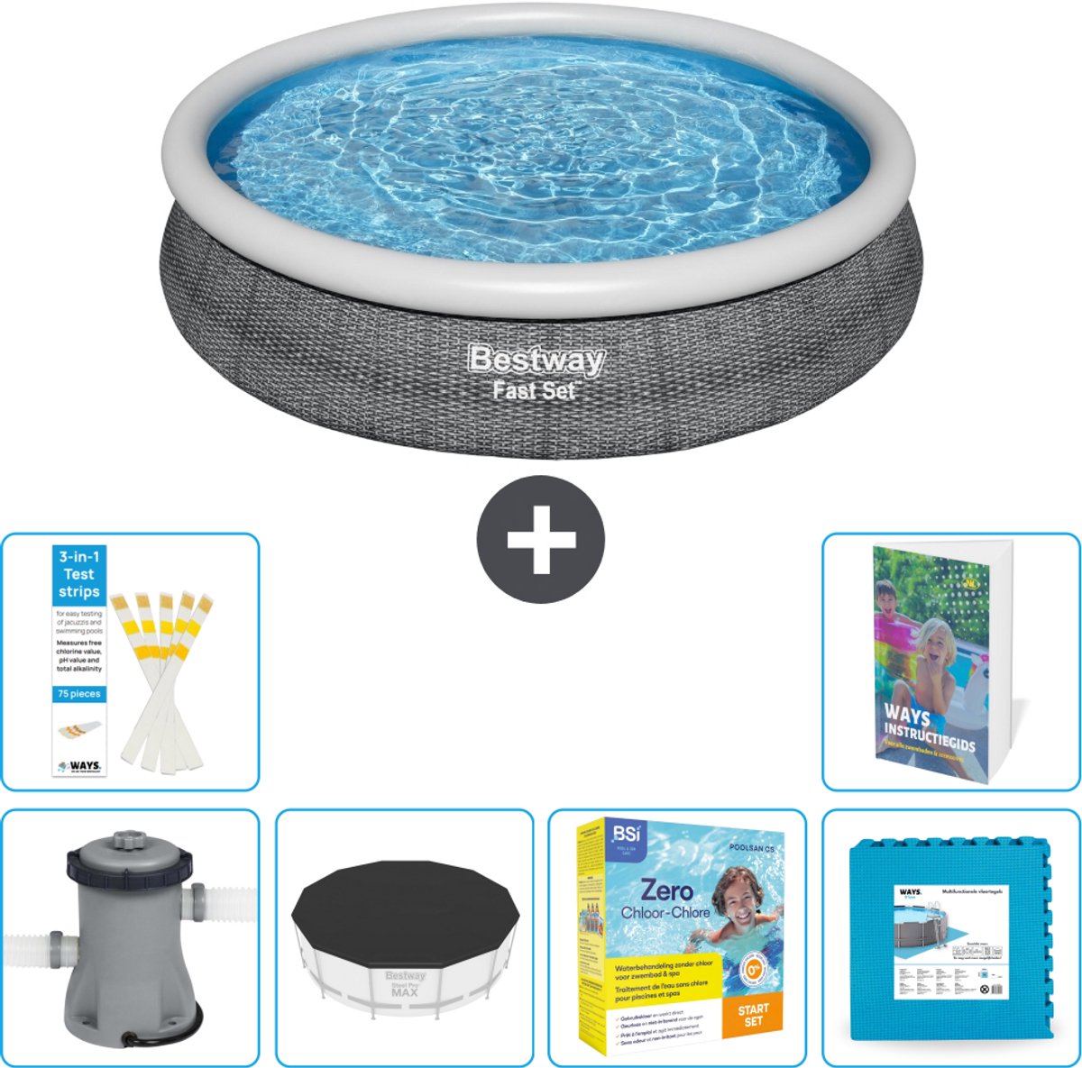 Bestway Rond Opblaasbaar Fast Set Zwembad - Rotanprint - 366 x 76 cm - Inclusief Pomp - Afdekzeil - Onderhoudspakket - Vloertegels - 7-delig
