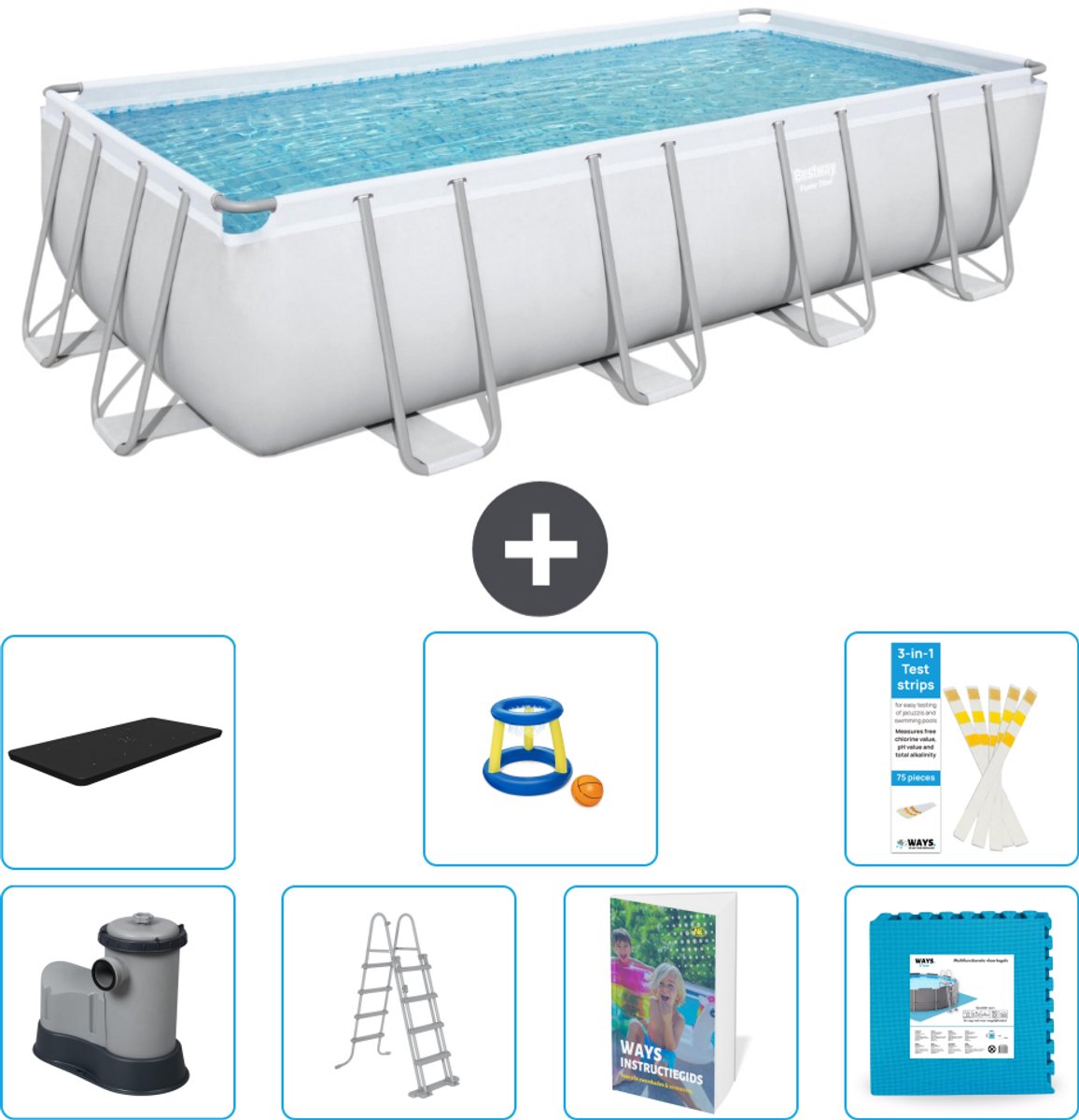 Bestway Rechthoekig Power Steel Zwembad - 549 x 274 x 122 - Grijs - Inclusief Pomp - Ladder - Afdekzeil - Speelgoed - Vloertegels - 8-delig
