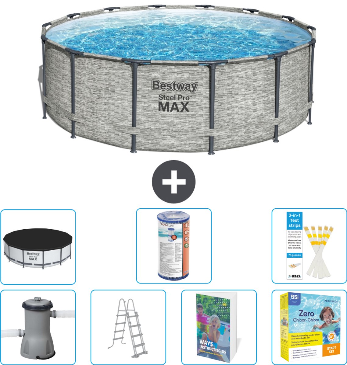 Bestway Rond Steel Pro MAX Zwembad - Steenprint - 427 x 122 cm - Inclusief Pomp - Ladder - Afdekzeil - Filter - Onderhoudspakket - 8-delig