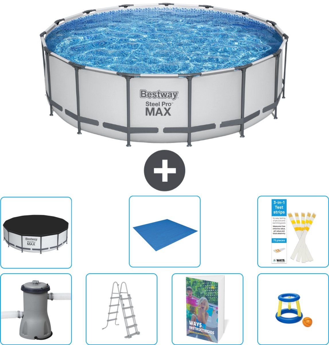 Bestway Rond Steel Pro MAX Zwembad - 457 x 122 cm - Grijs - Inclusief Pomp - Ladder - Afdekzeil - Grondzeil - Speelgoed - 8-delig