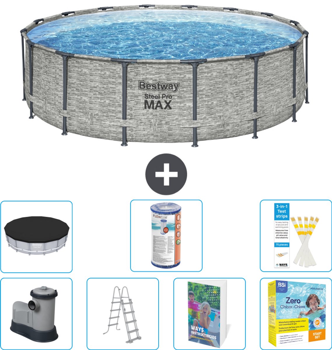 Bestway Rond Steel Pro MAX Zwembad - Steenprint - 488 x 122 cm - Inclusief Pomp - Ladder - Afdekzeil - Filter - Onderhoudspakket - 8-delig