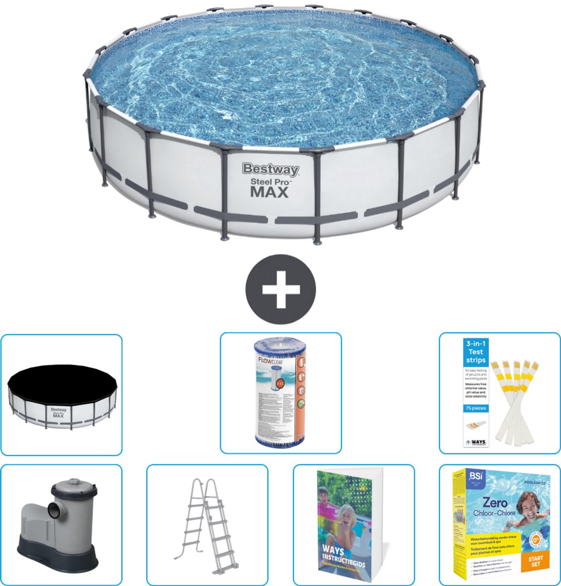 Bestway Rond Steel Pro MAX Zwembad - 549 x 122 cm - Grijs - Inclusief Pomp - Ladder - Afdekzeil - Filter - Onderhoudspakket - 8-delig