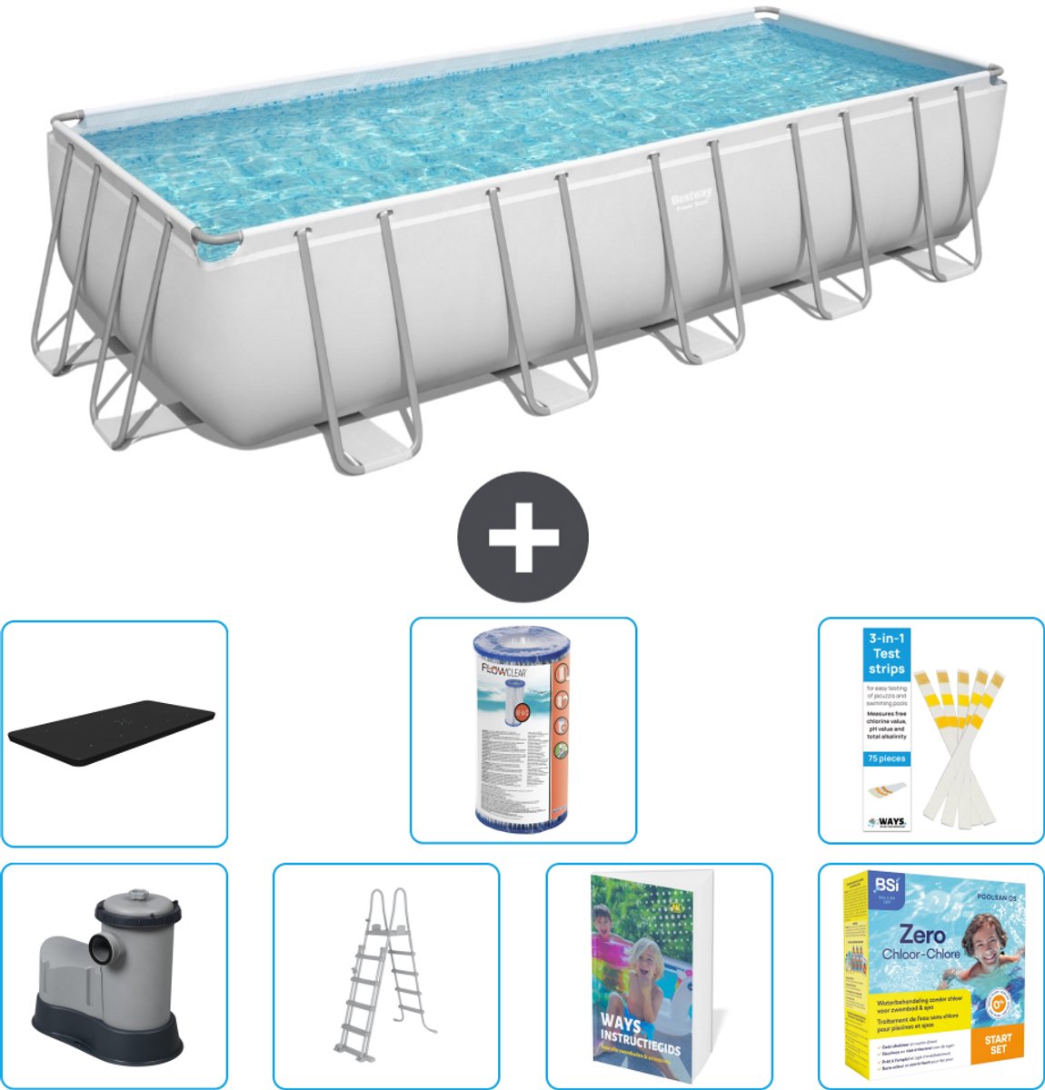 Bestway Rechthoekig Power Steel Zwembad - 640 x 274 x 132 - Grijs - Inclusief Pomp - Ladder - Afdekzeil - Filter - Onderhoudspakket - 8-delig