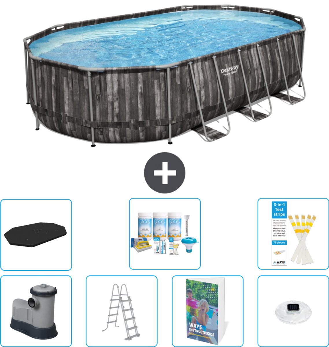 Bestway Ovaal Power Steel Zwembad - 610 x 366 x 122 - Grijs - Inclusief Pomp - Ladder - Afdekzeil - Onderhoudspakket - Verlichting - 8-delig