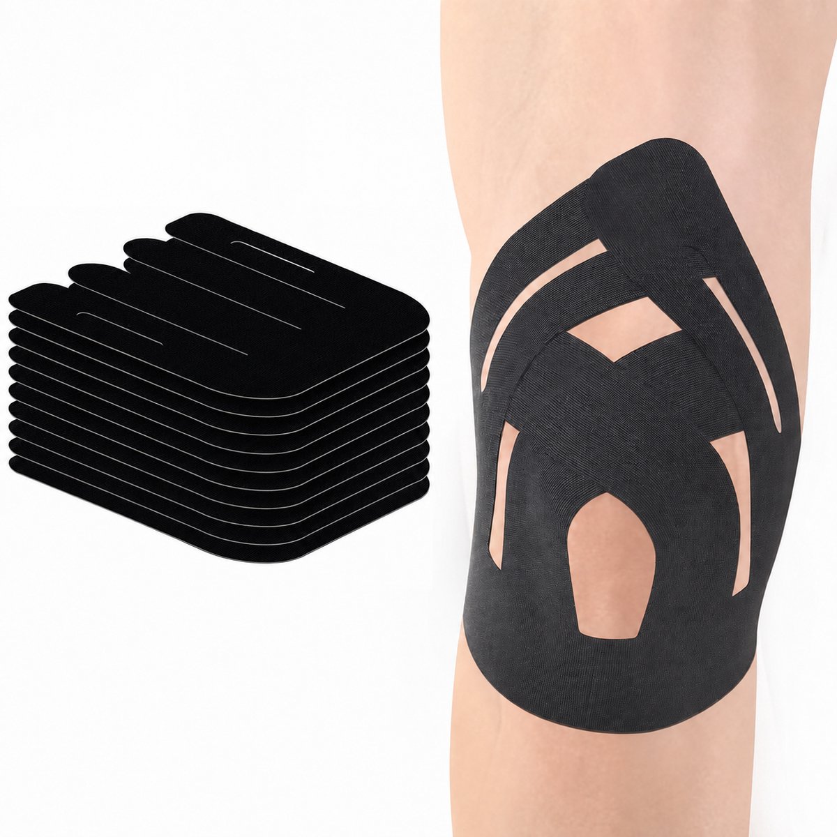 Tolvia Kinesiology Tape Knie - 10 Stuks - Voorgesneden Knie Tape van Katoen, Ademend & Latexvrij, Elastische Sporttape voor Hardlopen, Fitness en Wandelen - Zwart