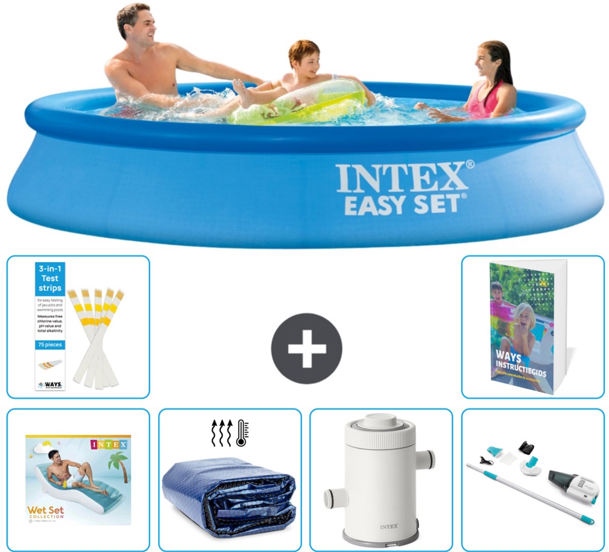 Intex Rond Opblaasbaar Easy Set Zwembad - 305 x 61 cm - Blauw - Inclusief Loungebed - Solarzeil - Zwembadfilterpomp - Stofzuiger - 7-delig