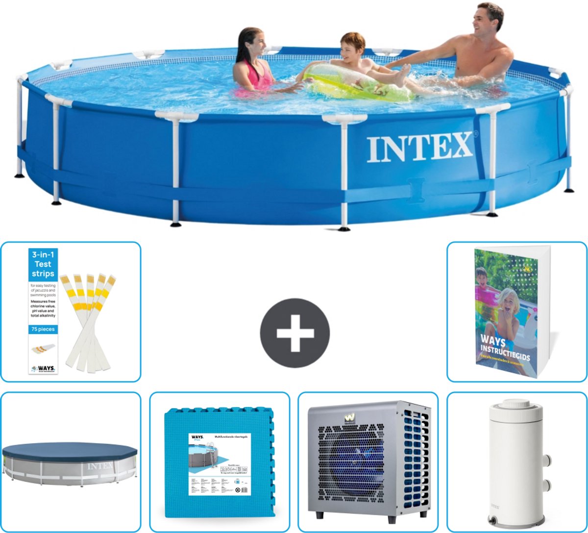 Intex Rond Frame Zwembad - 366 x 76 cm - Blauw - Inclusief Afdekzeil - Vloertegels - Warmtepomp - Zwembadfilterpomp - 7-delig