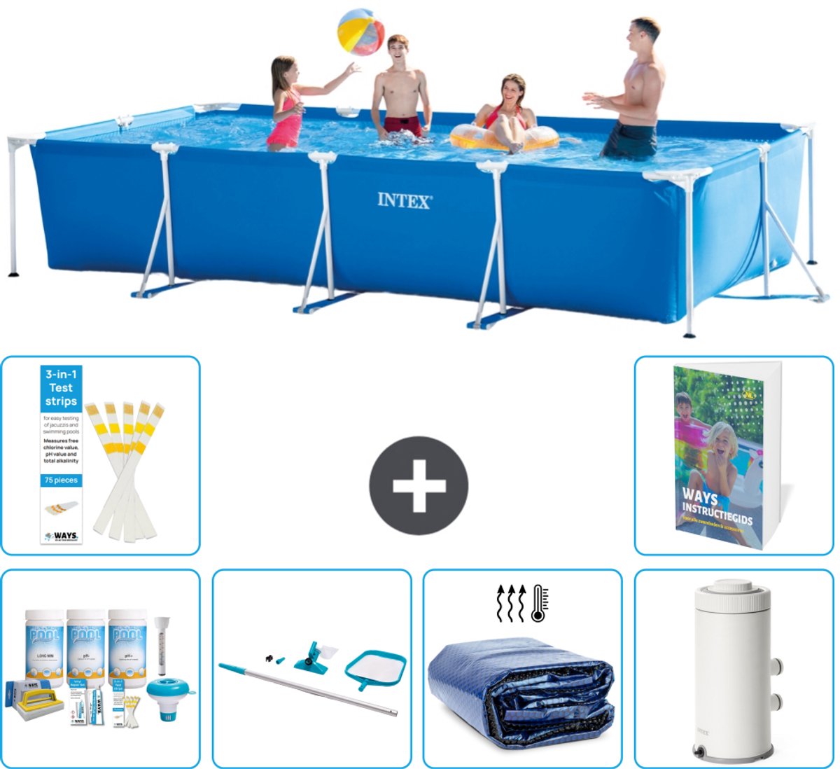 Intex Rechthoekig Frame Zwembad - 450 x 220 x 84 cm - Blauw - Inclusief Onderhoudspakket - Schoonmaakset - Solarzeil - Zwembadfilterpomp - 7-delig
