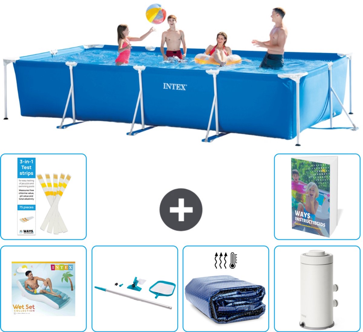 Intex Rechthoekig Frame Zwembad - 450 x 220 x 84 cm - Blauw - Inclusief Loungebed - Schoonmaakset - Solarzeil - Zwembadfilterpomp - 7-delig